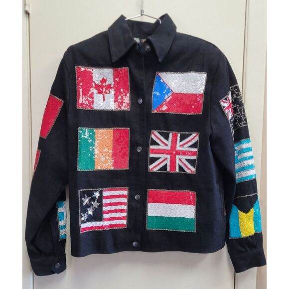 Vintage Modi‎ Sequins Rare Mutli Flag Womens Black Jacket Size SMALL 6-8 EUC - Picture 1 of 16